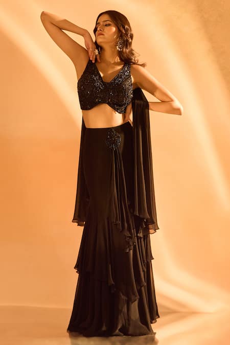 Samyukta Singhania Embroidered Blouse & Layered Skirt Set 