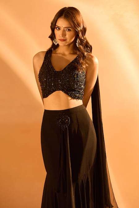Shop_Samyukta Singhania_Black Georgette Sequins V-neck Embroidered Blouse And Layered Skirt Set _Online_at_Aza_Fashions