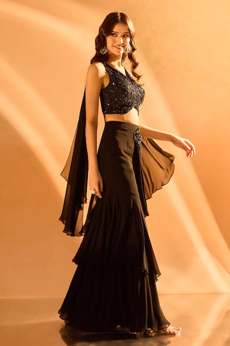 Buy_Samyukta Singhania_Black Georgette Sequins V-neck Embroidered Blouse And Layered Skirt Set 