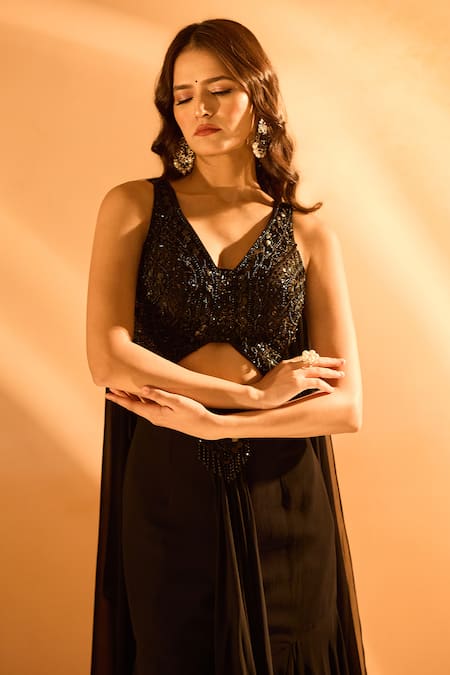 Shop_Samyukta Singhania_Black Georgette Sequins V-neck Embroidered Blouse And Layered Skirt Set 