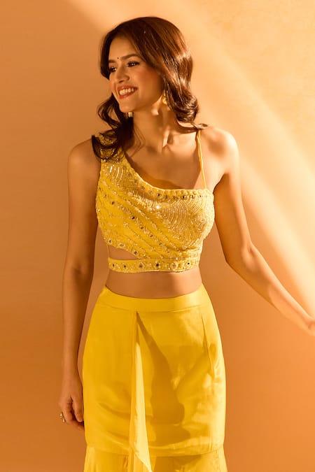 Samyukta Singhania_Yellow Crepe Sequins Asymmetric Mirror Embroidered Blouse With Skirt _Online_at_Aza_Fashions