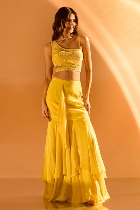Buy_Samyukta Singhania_Yellow Crepe Sequins Asymmetric Mirror Embroidered Blouse With Skirt 