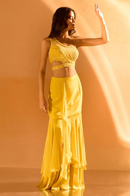 Shop_Samyukta Singhania_Yellow Crepe Sequins Asymmetric Mirror Embroidered Blouse With Skirt 