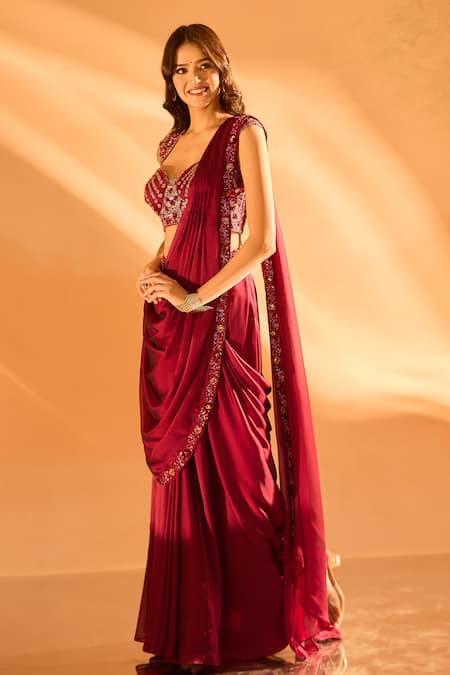 Samyukta Singhania Wine Crepe Sequins, Beads, Embroidery Plunge Hem Pre-draped Saree With Blouse Online at Aza Fashions Samyukta Singhania_Wine Crepe Sequins, Beads, Embroidery Plunge Hem Pre-draped Saree With Blouse _Online_at_Aza_Fashions
