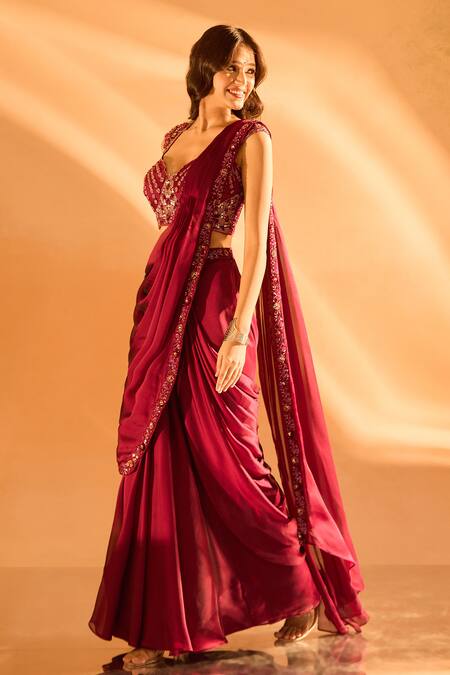 Buy Samyukta Singhania Wine Crepe Sequins, Beads, Embroidery Plunge Hem Pre-draped Saree With Blouse Online at Aza Fashions Buy_Samyukta Singhania_Wine Crepe Sequins, Beads, Embroidery Plunge Hem Pre-draped Saree With Blouse _Online_at_Aza_Fashions