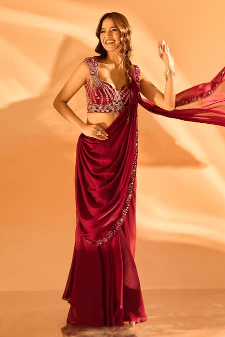 Shop Samyukta Singhania Wine Crepe Sequins, Beads, Embroidery Plunge Hem Pre-draped Saree With Blouse Online at Aza Fashions Shop_Samyukta Singhania_Wine Crepe Sequins, Beads, Embroidery Plunge Hem Pre-draped Saree With Blouse _Online_at_Aza_Fashions