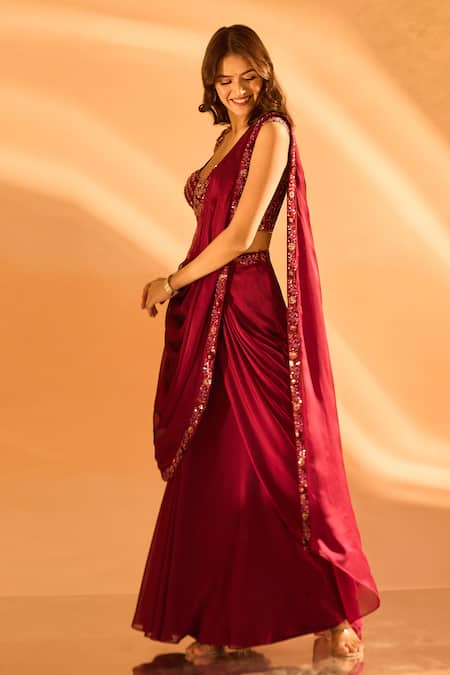Samyukta Singhania Wine Crepe Sequins, Beads, Embroidery Plunge Hem Pre-draped Saree With Blouse at Aza Fashions Samyukta Singhania_Wine Crepe Sequins, Beads, Embroidery Plunge Hem Pre-draped Saree With Blouse _at_Aza_Fashions