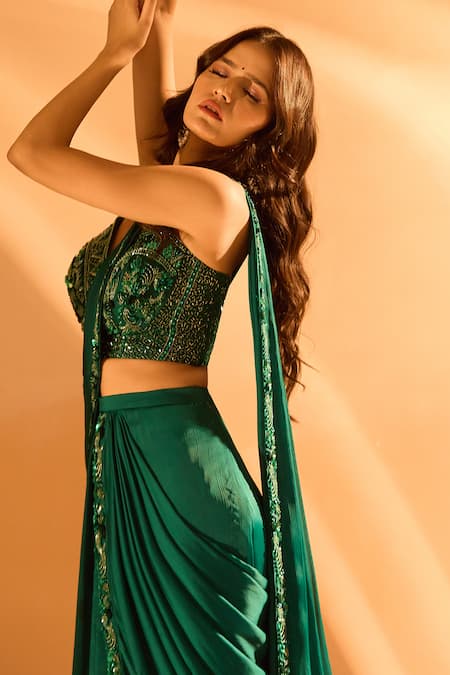 Shop_Samyukta Singhania_Green Net, Crepe Embroidery, Sequins, Beads Hem Pre-draped Saree With Blouse _Online_at_Aza_Fashions