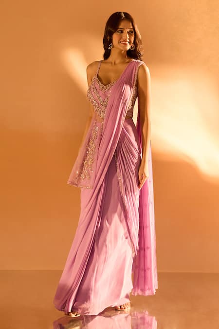 Shop Samyukta Singhania Purple Georgette Beads, Embroidery V-neck Hem Pre-draped Saree With Blouse at Aza Fashions Shop_Samyukta Singhania_Purple Georgette Beads, Embroidery V-neck Hem Pre-draped Saree With Blouse _at_Aza_Fashions