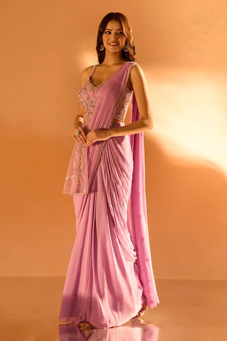 Samyukta Singhania Purple Georgette Beads, Embroidery V-neck Hem Pre-draped Saree With Blouse Online at Aza Fashions Samyukta Singhania_Purple Georgette Beads, Embroidery V-neck Hem Pre-draped Saree With Blouse _Online_at_Aza_Fashions