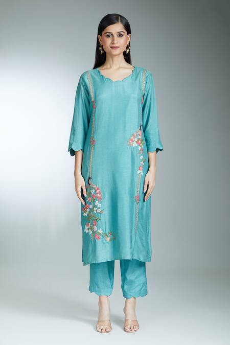 Samyukta Singhania Blue Cotton Embroidery Round Neck Zardozi Kurta Pant Set Online at Aza Fashions Samyukta Singhania_Blue Cotton Embroidery Round Neck Zardozi Kurta Pant Set _Online_at_Aza_Fashions