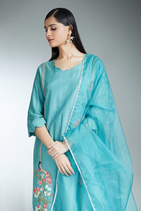 Shop Samyukta Singhania Blue Cotton Embroidery Round Neck Zardozi Kurta Pant Set Online at Aza Fashions Shop_Samyukta Singhania_Blue Cotton Embroidery Round Neck Zardozi Kurta Pant Set _Online_at_Aza_Fashions