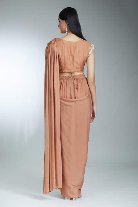 Shop_Samyukta Singhania_Brown Silk, Chiffon Zari, Embroidery, Beads Solid Pre-draped Saree With Blouse _at_Aza_Fashions