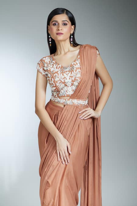 Buy_Samyukta Singhania_Brown Silk, Chiffon Zari, Embroidery, Beads Solid Pre-draped Saree With Blouse _Online_at_Aza_Fashions