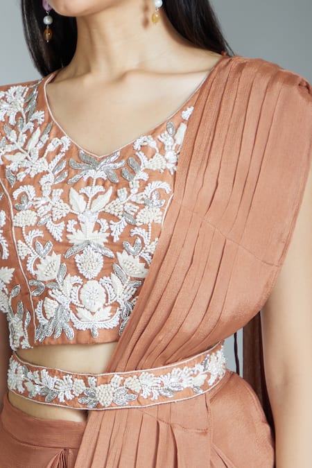 Shop_Samyukta Singhania_Brown Silk, Chiffon Zari, Embroidery, Beads Solid Pre-draped Saree With Blouse _Online_at_Aza_Fashions