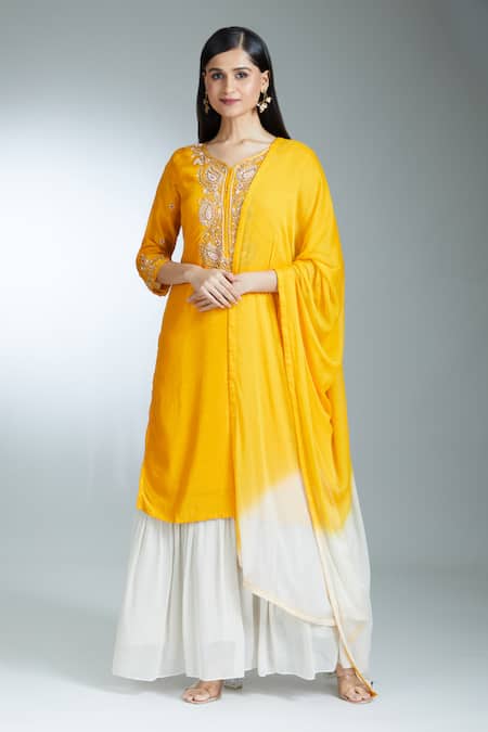 Buy_Samyukta Singhania_Yellow Silk Zari, Sequins, Embroidery, Pearls Paisley Zardozi Kurta Dress Set _Online_at_Aza_Fashions