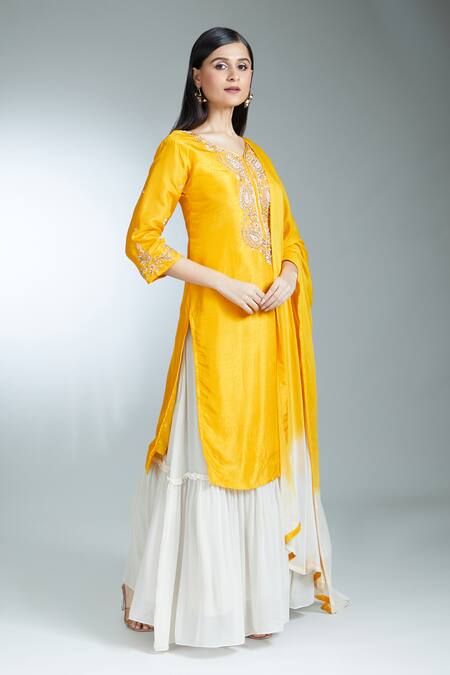 Shop_Samyukta Singhania_Yellow Silk Zari, Sequins, Embroidery, Pearls Paisley Zardozi Kurta Dress Set _Online_at_Aza_Fashions