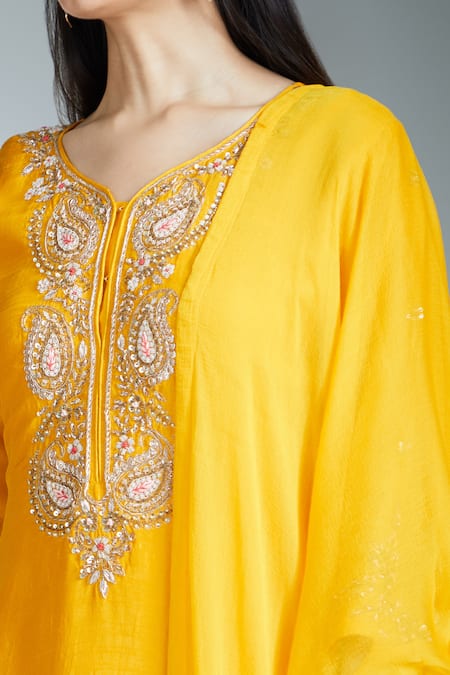 Buy_Samyukta Singhania_Yellow Silk Zari, Sequins, Embroidery, Pearls Paisley Zardozi Kurta Dress Set 