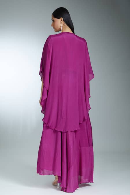 Shop Samyukta Singhania Wine Silk, Georgette Thread Embroidered Asymmetric Cape Draped Skirt Set at Aza Fashions Shop_Samyukta Singhania_Wine Silk, Georgette Thread Embroidered Asymmetric Cape Draped Skirt Set _at_Aza_Fashions