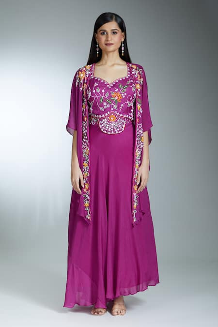 Samyukta Singhania Wine Silk, Georgette Thread Embroidered Asymmetric Cape Draped Skirt Set Online at Aza Fashions Samyukta Singhania_Wine Silk, Georgette Thread Embroidered Asymmetric Cape Draped Skirt Set _Online_at_Aza_Fashions