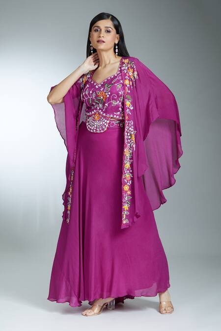 Buy Samyukta Singhania Wine Silk, Georgette Thread Embroidered Asymmetric Cape Draped Skirt Set Online at Aza Fashions Buy_Samyukta Singhania_Wine Silk, Georgette Thread Embroidered Asymmetric Cape Draped Skirt Set _Online_at_Aza_Fashions