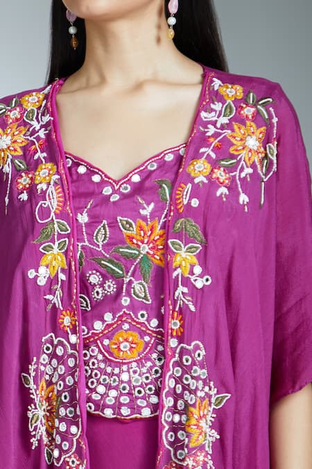 Shop Samyukta Singhania Wine Silk, Georgette Thread Embroidered Asymmetric Cape Draped Skirt Set Online at Aza Fashions Shop_Samyukta Singhania_Wine Silk, Georgette Thread Embroidered Asymmetric Cape Draped Skirt Set _Online_at_Aza_Fashions