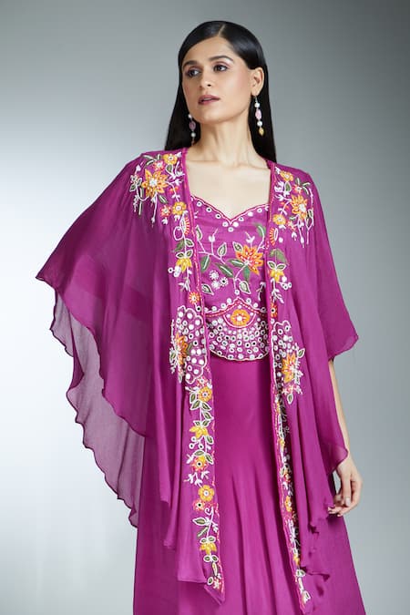 Samyukta Singhania Wine Silk, Georgette Thread Embroidered Asymmetric Cape Draped Skirt Set at Aza Fashions Samyukta Singhania_Wine Silk, Georgette Thread Embroidered Asymmetric Cape Draped Skirt Set _at_Aza_Fashions