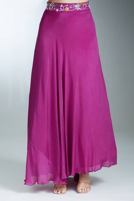 Buy Samyukta Singhania Wine Silk, Georgette Thread Embroidered Asymmetric Cape Draped Skirt Set Buy_Samyukta Singhania_Wine Silk, Georgette Thread Embroidered Asymmetric Cape Draped Skirt Set