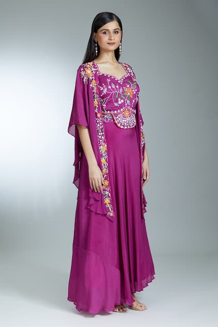 Shop Samyukta Singhania Wine Silk, Georgette Thread Embroidered Asymmetric Cape Draped Skirt Set Shop_Samyukta Singhania_Wine Silk, Georgette Thread Embroidered Asymmetric Cape Draped Skirt Set