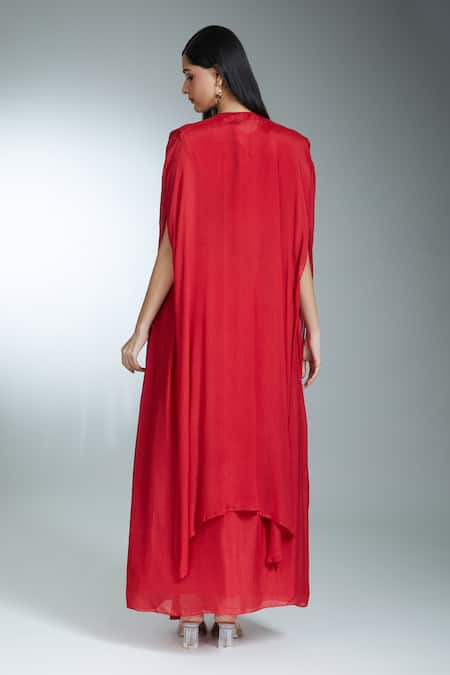 Shop_Samyukta Singhania_Red Silk, Georgette Sequins, Beads, Thread Asymmetric Cape Pleated Skirt Set _at_Aza_Fashions