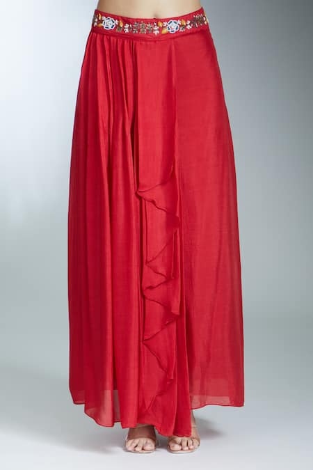 Samyukta Singhania_Red Silk, Georgette Sequins, Beads, Thread Asymmetric Cape Pleated Skirt Set _Online_at_Aza_Fashions