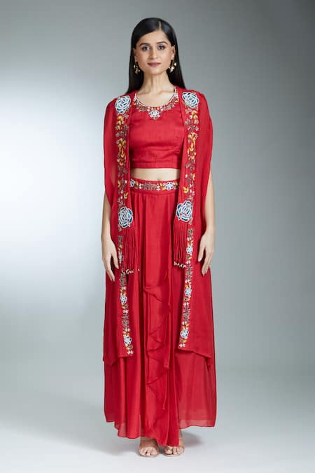 Buy_Samyukta Singhania_Red Silk, Georgette Sequins, Beads, Thread Asymmetric Cape Pleated Skirt Set _Online_at_Aza_Fashions