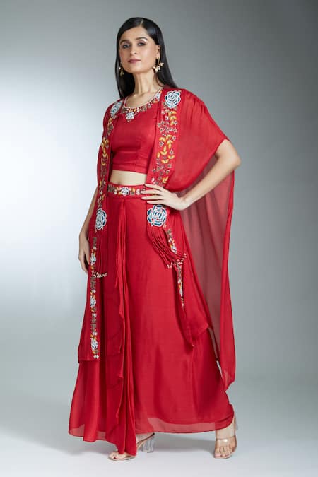 Shop_Samyukta Singhania_Red Silk, Georgette Sequins, Beads, Thread Asymmetric Cape Pleated Skirt Set _Online_at_Aza_Fashions