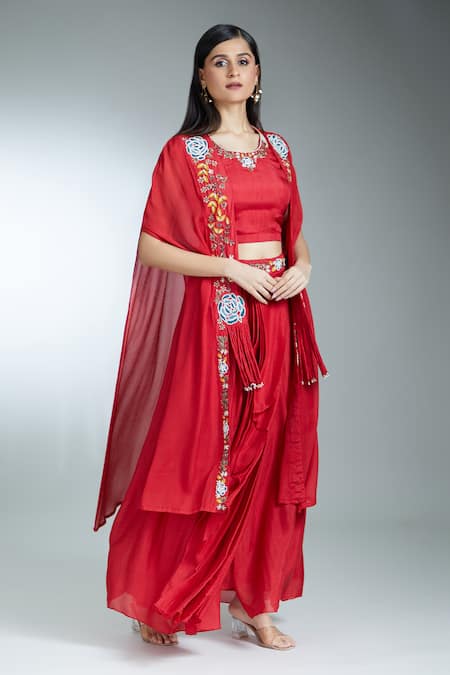 Samyukta Singhania_Red Silk, Georgette Sequins, Beads, Thread Asymmetric Cape Pleated Skirt Set _at_Aza_Fashions