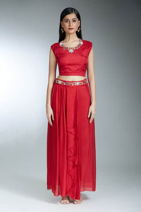 Shop_Samyukta Singhania_Red Silk, Georgette Sequins, Beads, Thread Asymmetric Cape Pleated Skirt Set 
