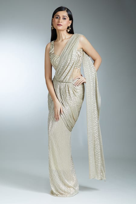 Shop_Samyukta Singhania_Gold Lycra Sequins, Beads Round Shimmer Pre-draped Saree With Embroidered Blouse _Online_at_Aza_Fashions