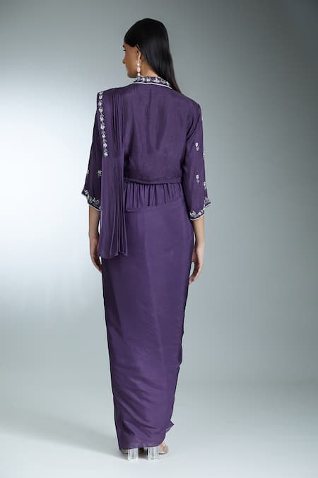 Shop Samyukta Singhania Purple Georgette, Silk Embroidery, Floral Pre-draped Saree With Jacket Blouse at Aza Fashions Shop_Samyukta Singhania_Purple Georgette, Silk Embroidery, Floral Pre-draped Saree With Jacket Blouse _at_Aza_Fashions