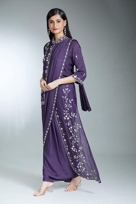 Samyukta Singhania Purple Georgette, Silk Embroidery, Floral Pre-draped Saree With Jacket Blouse Online at Aza Fashions Samyukta Singhania_Purple Georgette, Silk Embroidery, Floral Pre-draped Saree With Jacket Blouse _Online_at_Aza_Fashions