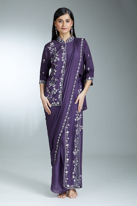 Buy Samyukta Singhania Purple Georgette, Silk Embroidery, Floral Pre-draped Saree With Jacket Blouse Online at Aza Fashions Buy_Samyukta Singhania_Purple Georgette, Silk Embroidery, Floral Pre-draped Saree With Jacket Blouse _Online_at_Aza_Fashions