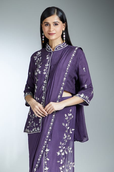 Shop Samyukta Singhania Purple Georgette, Silk Embroidery, Floral Pre-draped Saree With Jacket Blouse Online at Aza Fashions Shop_Samyukta Singhania_Purple Georgette, Silk Embroidery, Floral Pre-draped Saree With Jacket Blouse _Online_at_Aza_Fashions