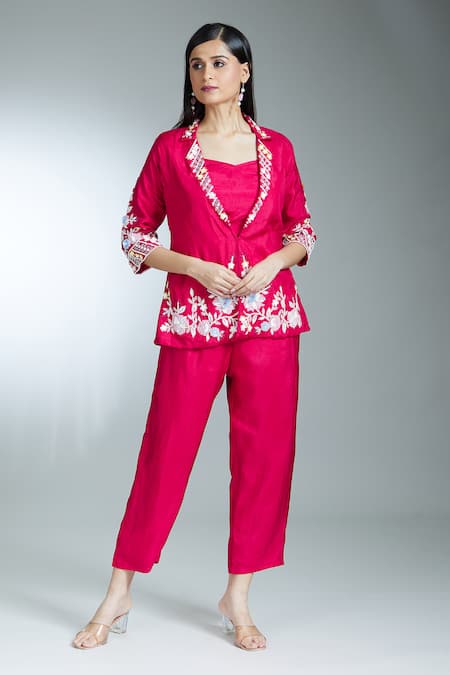 Buy Samyukta Singhania Pink Silk Sequins, Beads V-neck Floral Embroidered Jacket With Pant Online at Aza Fashions Buy_Samyukta Singhania_Pink Silk Sequins, Beads V-neck Floral Embroidered Jacket With Pant _Online_at_Aza_Fashions