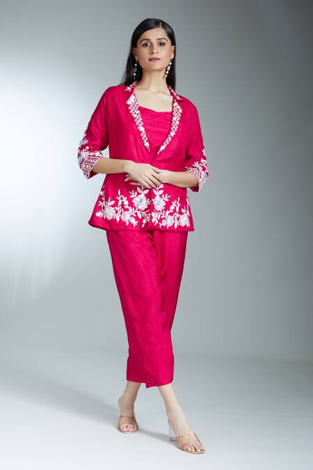 Shop Samyukta Singhania Pink Silk Sequins, Beads V-neck Floral Embroidered Jacket With Pant Online at Aza Fashions Shop_Samyukta Singhania_Pink Silk Sequins, Beads V-neck Floral Embroidered Jacket With Pant _Online_at_Aza_Fashions
