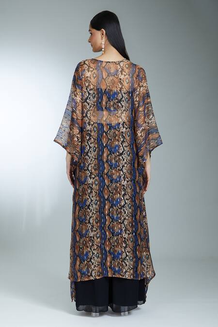 Shop Samyukta Singhania Brown Chiffon Beads, Lace V-neck Animal Print Kaftan at Aza Fashions Shop_Samyukta Singhania_Brown Chiffon Beads, Lace V-neck Animal Print Kaftan_at_Aza_Fashions