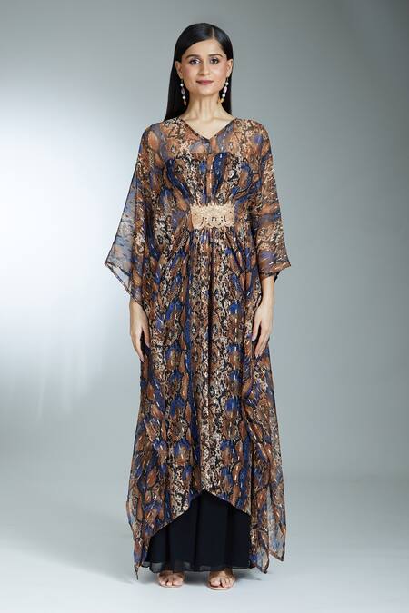 Samyukta Singhania Brown Chiffon Beads, Lace V-neck Animal Print Kaftan Online at Aza Fashions Samyukta Singhania_Brown Chiffon Beads, Lace V-neck Animal Print Kaftan_Online_at_Aza_Fashions