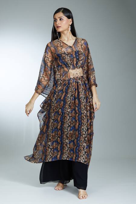 Buy Samyukta Singhania Brown Chiffon Beads, Lace V-neck Animal Print Kaftan Online at Aza Fashions Buy_Samyukta Singhania_Brown Chiffon Beads, Lace V-neck Animal Print Kaftan_Online_at_Aza_Fashions