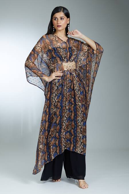 Shop Samyukta Singhania Brown Chiffon Beads, Lace V-neck Animal Print Kaftan Online at Aza Fashions Shop_Samyukta Singhania_Brown Chiffon Beads, Lace V-neck Animal Print Kaftan_Online_at_Aza_Fashions