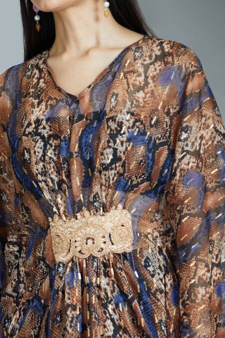 Buy Samyukta Singhania Brown Chiffon Beads, Lace V-neck Animal Print Kaftan Buy_Samyukta Singhania_Brown Chiffon Beads, Lace V-neck Animal Print Kaftan