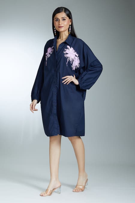 Naintara Bajaj Blue Cotton Sequins Collared Embroidered Long Shirt Online at Aza Fashions Naintara Bajaj_Blue Cotton Sequins Collared Embroidered Long Shirt _Online_at_Aza_Fashions