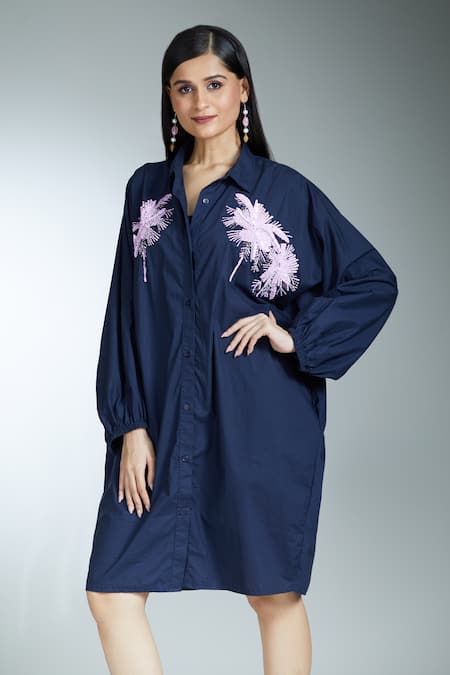 Buy Naintara Bajaj Blue Cotton Sequins Collared Embroidered Long Shirt Online at Aza Fashions Buy_Naintara Bajaj_Blue Cotton Sequins Collared Embroidered Long Shirt _Online_at_Aza_Fashions
