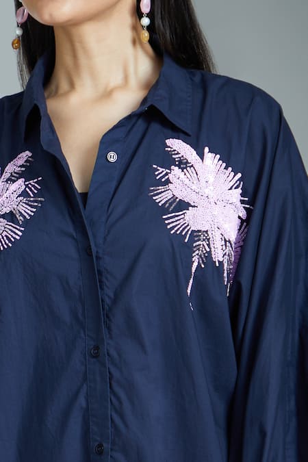 Shop Naintara Bajaj Blue Cotton Sequins Collared Embroidered Long Shirt Online at Aza Fashions Shop_Naintara Bajaj_Blue Cotton Sequins Collared Embroidered Long Shirt _Online_at_Aza_Fashions